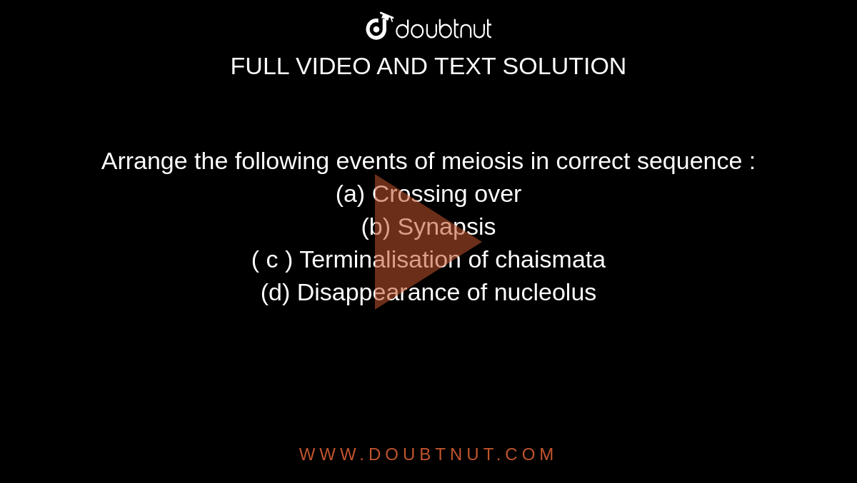 Arrange the following events of meiosis in correct sequence : <br> (a) Crossing over <br> (b) Synapsis <br> ( c ) Terminalisation of chaismata <br> (d) Disappearance of nucleolus