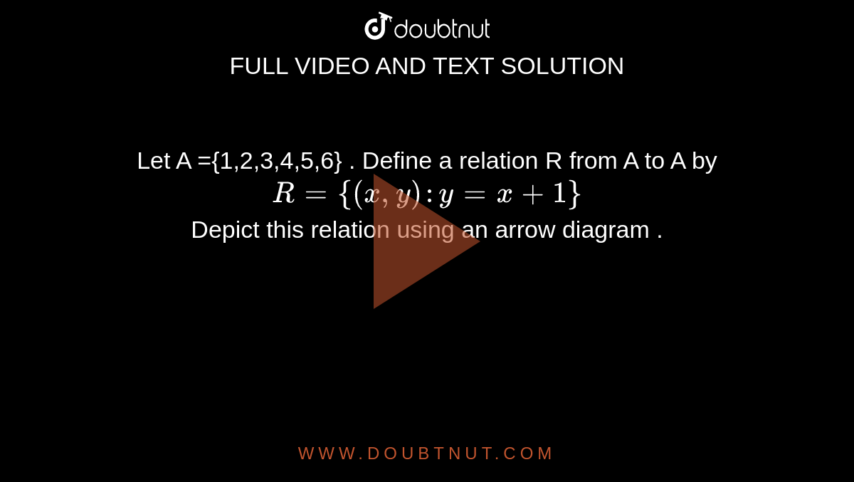 Let A ={1,2,3,4,5,6}  . Define   a relation  R from  A to A by  `R = {(x,y):y =x+1}` <br>  Depict  this  relation  using  an arrow  diagram  .