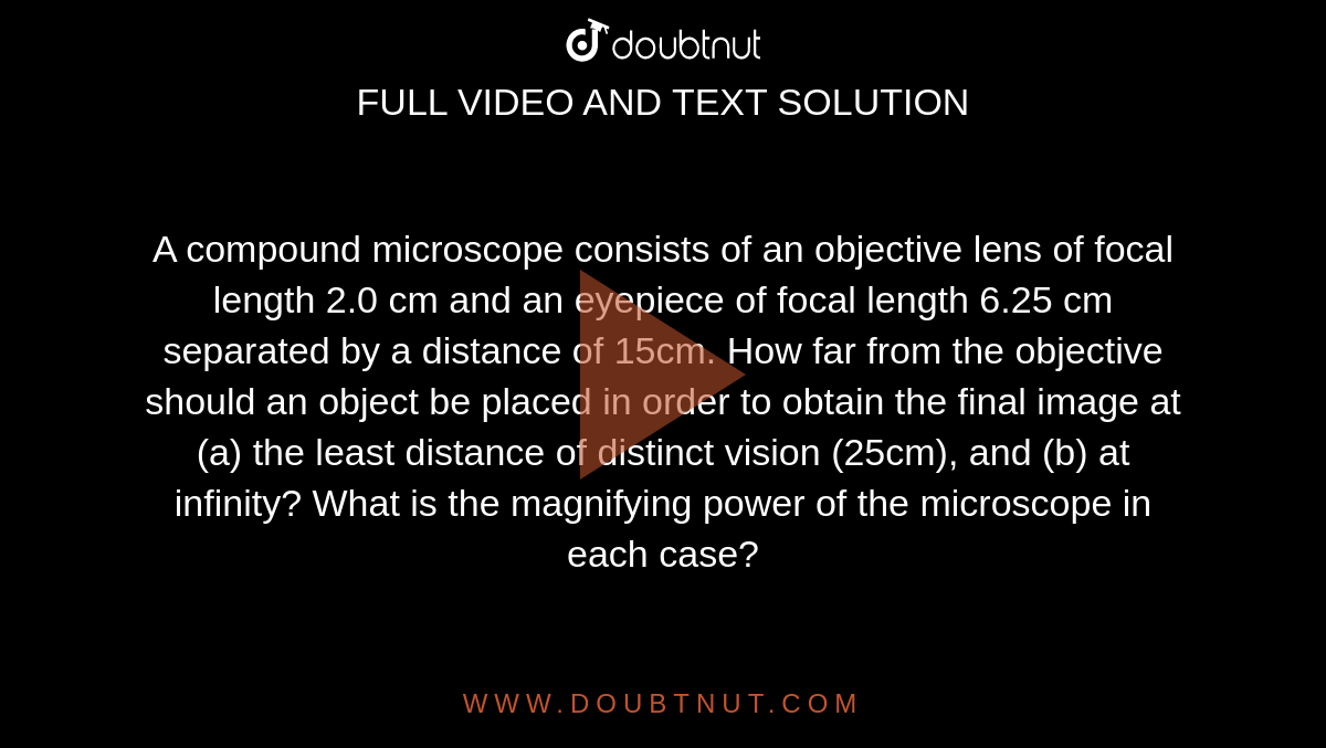 A compound microscope consists of an objective lens of focal length 2.0