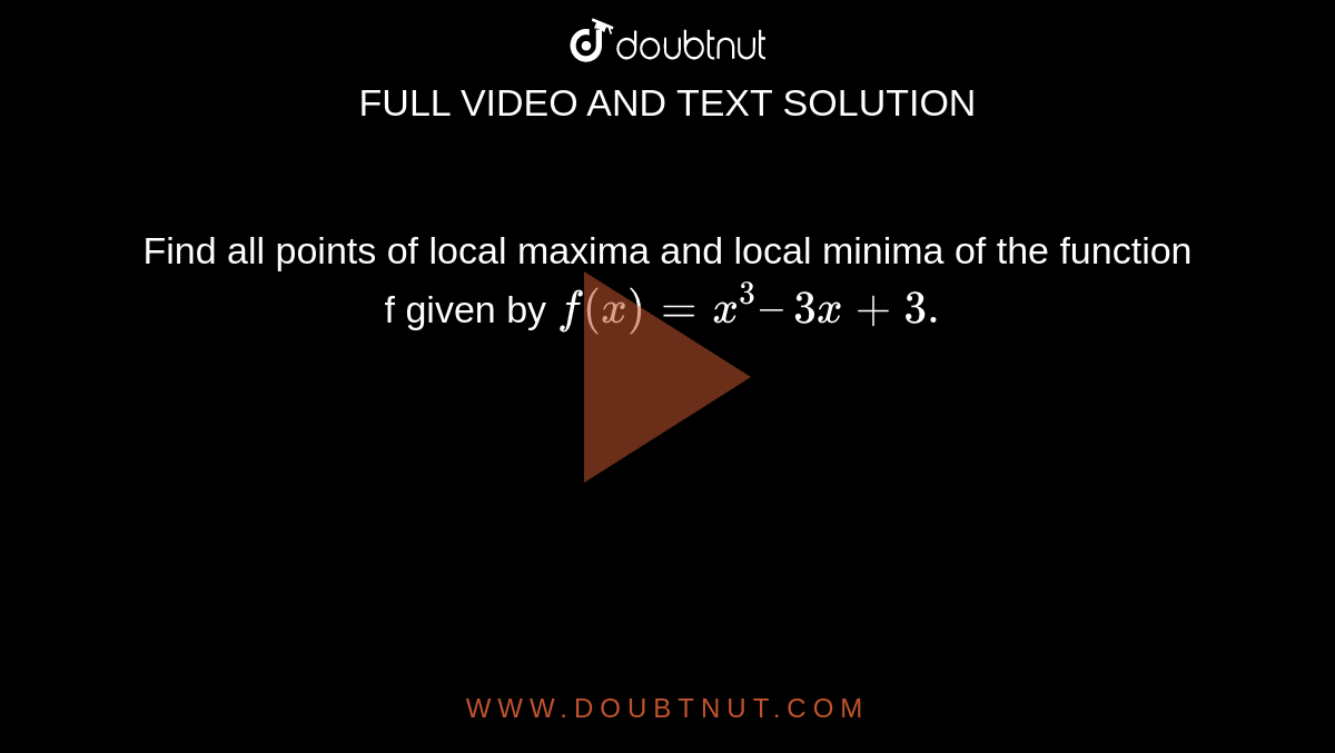 Find all points of local maxima and local minima of the function f given by `f(x) = x^(3) – 3x + 3.`