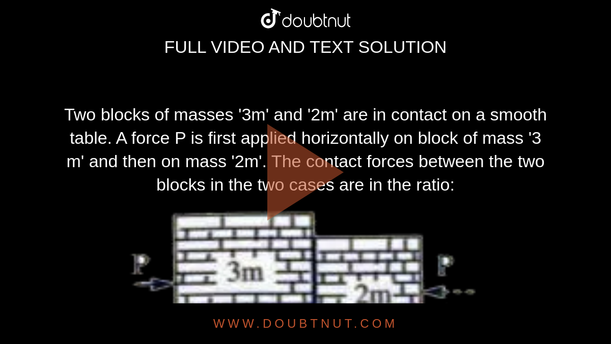 Two blocks of masses '3m' and '2m' are in contact on a smooth table. A force P is first applied horizontally on block of mass '3 m' and then on mass '2m'. The contact forces between the two blocks in the two cases are in the ratio: <br> <img src="https://d10lpgp6xz60nq.cloudfront.net/physics_images/AKS_OBJ_PHY_V01_P1_C05_E04_025_Q01.png" width="80%">