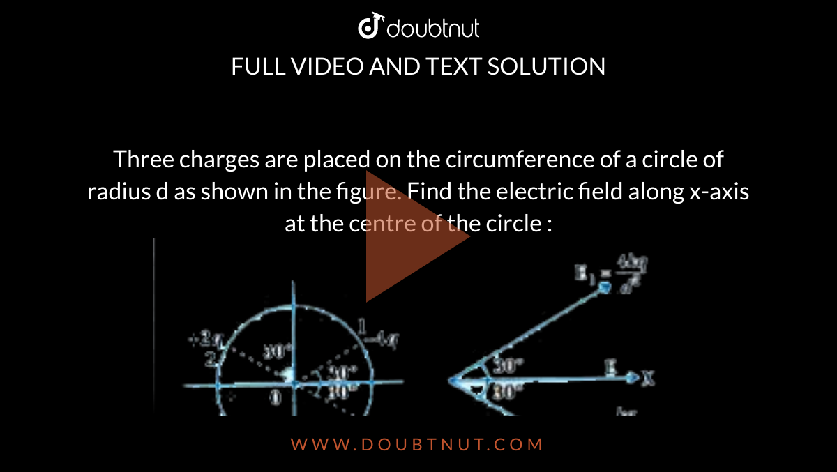 Three charges are placed on the circumference of a circle of radius d as shown in the figure. Find the electric field along x-axis at the centre of the circle : <br> <img src="https://d10lpgp6xz60nq.cloudfront.net/physics_images/KPK_AIO_PHY_XII_P1_C01_E04_126_Q01.png" width="80%"> <br> Electric field due to `-4q vecE_(1) =(4kq)/d^(2)` electric field due to `+2q` and `-2q vecE_(23) = (4kq)/d^(2)`