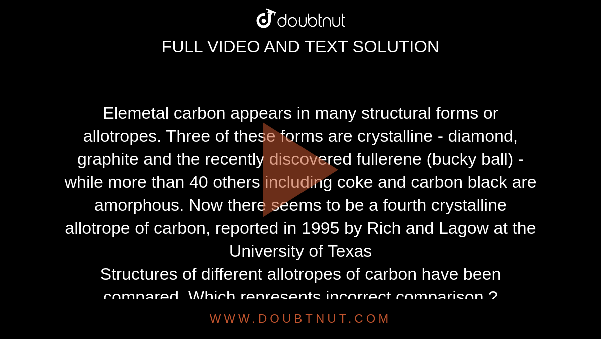 Elemetal carbon appears in many structural forms or allotropes. Three ...
