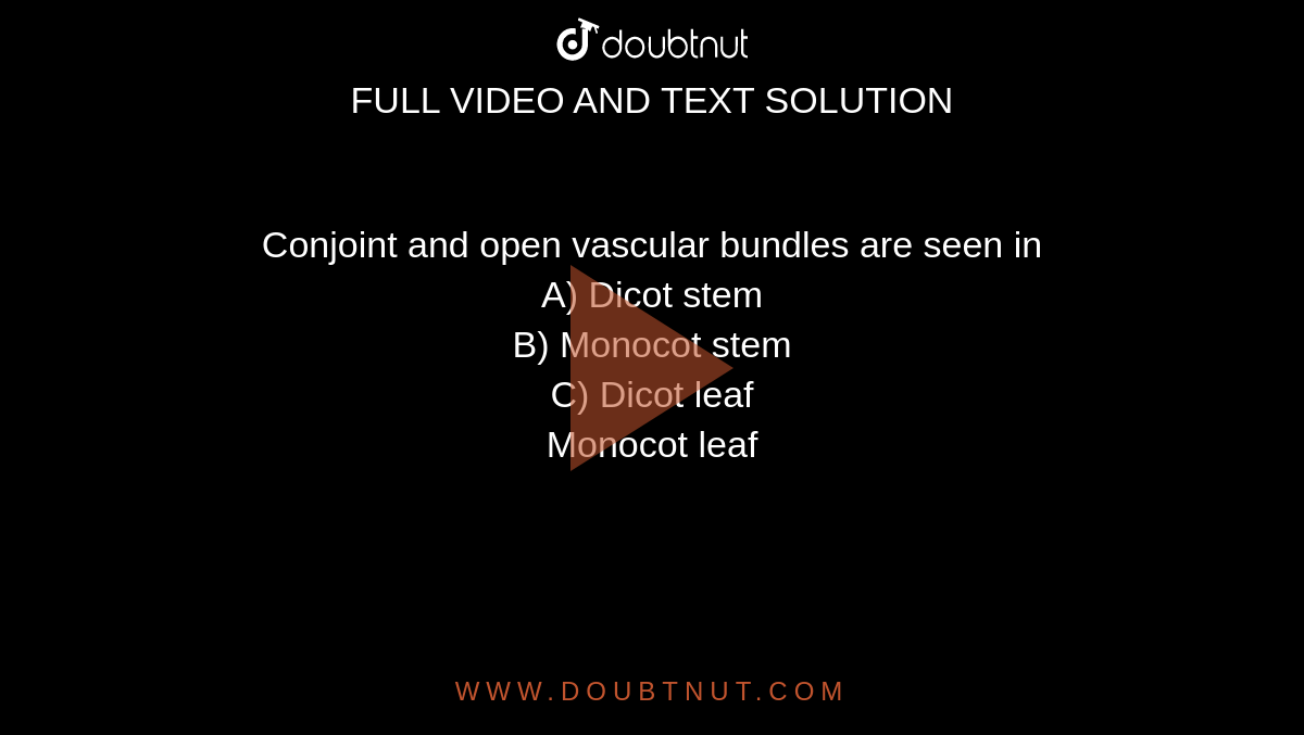 Conjoint and open vascular bundles are seen in <br> A) Dicot stem <br> B) Monocot stem <br> C) Dicot leaf <br> Monocot leaf  