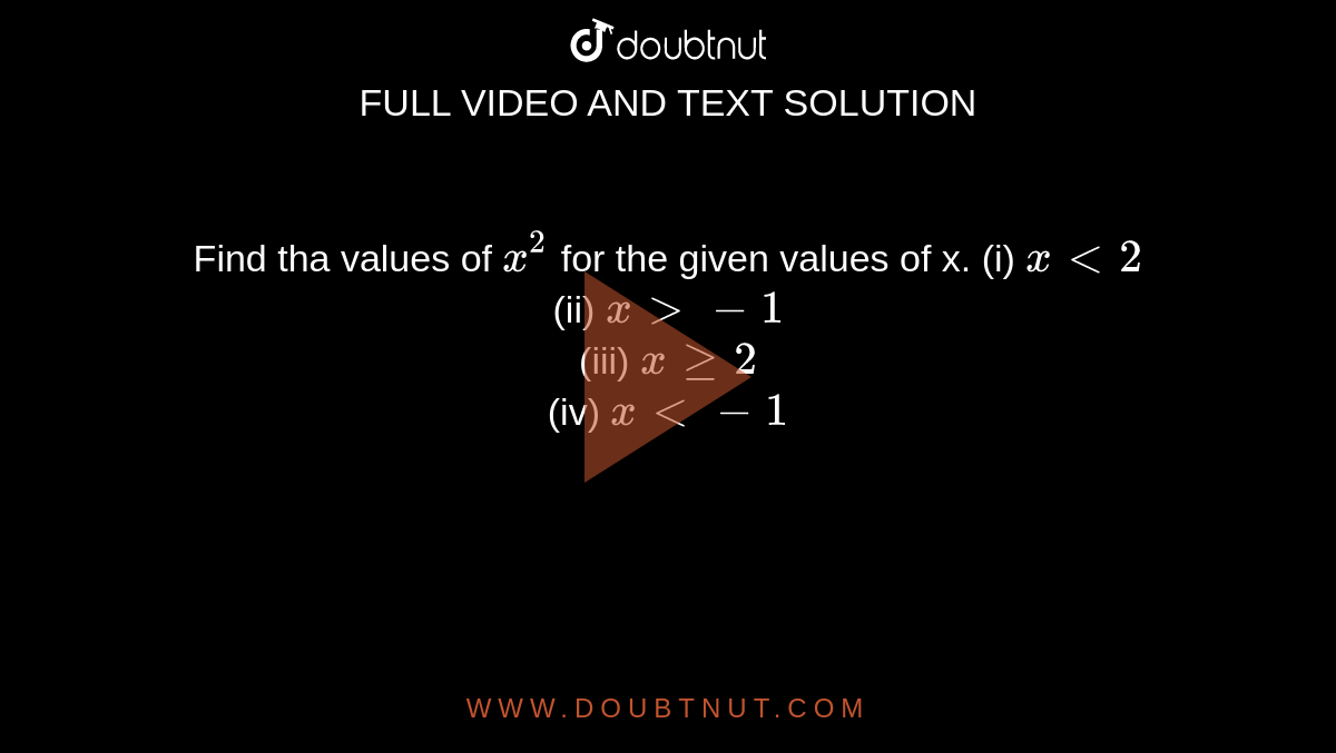 Find tha values of `x^2` for the given values of x. (i) `x lt 2`  <br> (ii) `x gt -1 ` <br> (iii) `x ge 2` <br>(iv) ` x lt -1 `
