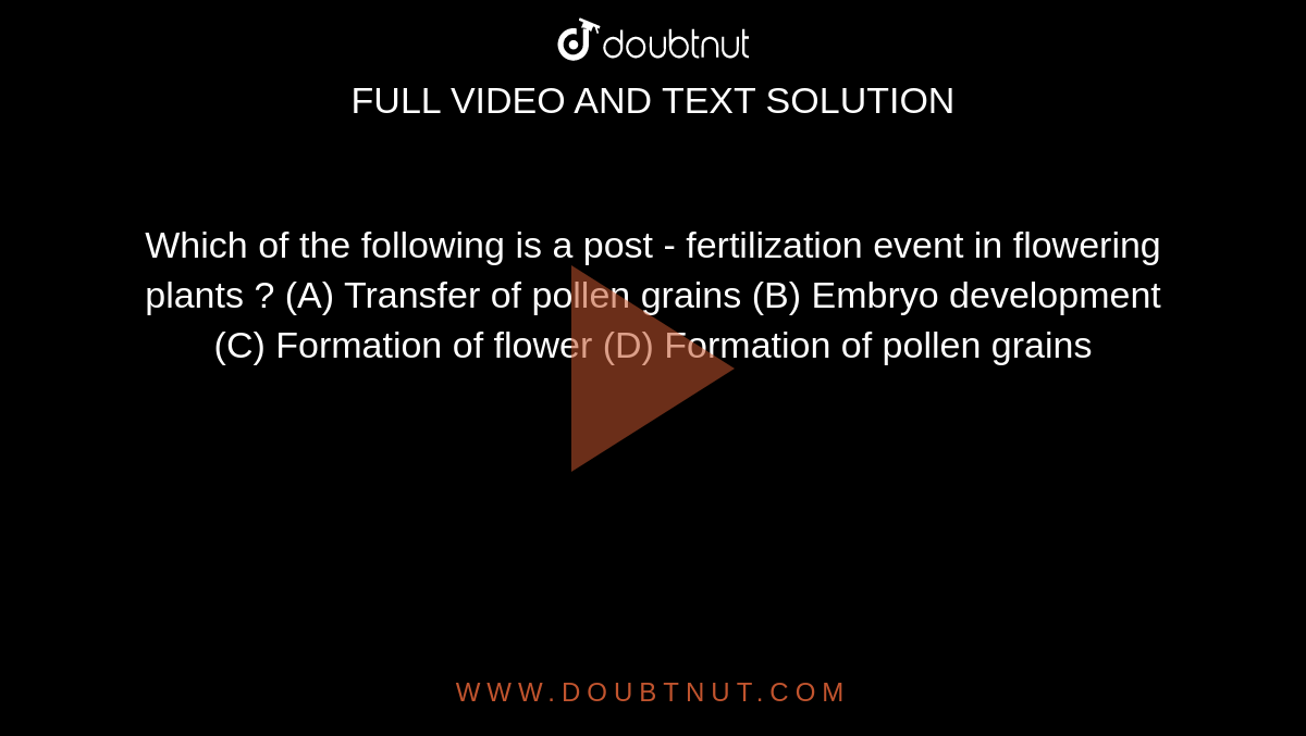 Which of the following is a post - fertilization event in flowering plants ? 

(A) Transfer of pollen grains
(B) Embryo development
(C) Formation of flower
(D) Formation of pollen grains