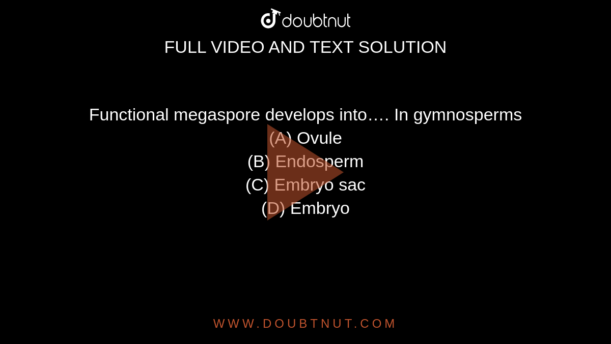 Functional megaspore develops into…. In gymnosperms
<br>(A) Ovule

<br>(B) Endosperm

<br>(C) Embryo sac

<br>(D) Embryo