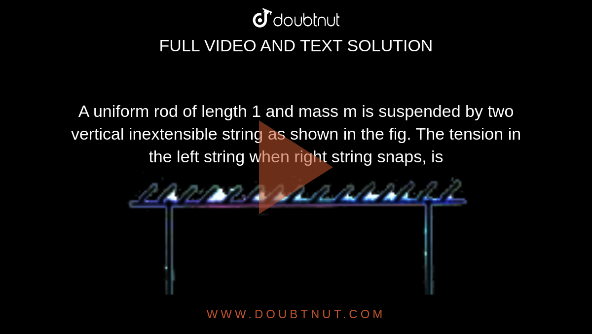 A uniform rod of length 1 and mass m is suspended by two vertical inextensible string as shown in the fig. The tension in the left string when right string snaps, is  <br>  <img src="https://doubtnut-static.s.llnwi.net/static/physics_images/AKS_DOC_OBJ_PHY_XI_V01_B_C07_E04_048_Q01.png" width="80%"> 