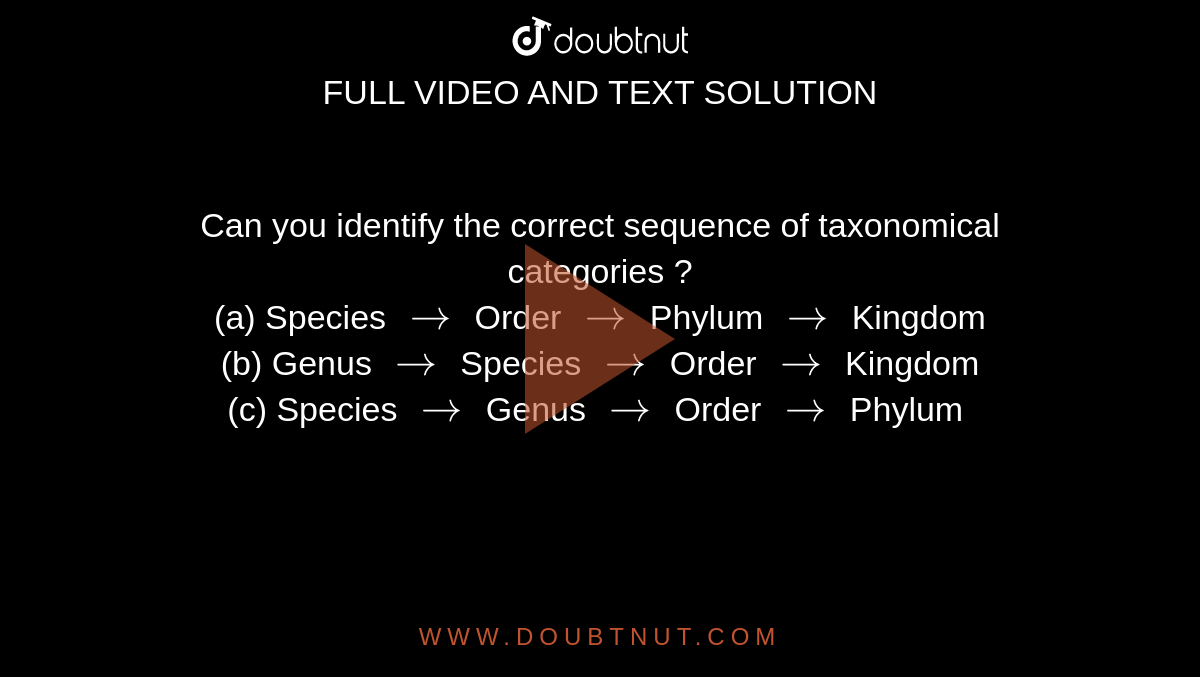 Can you identify the correct sequence of taxonomical categories ? <br> (a) Species `rarr` Order `rarr` Phylum `rarr` Kingdom <br> (b) Genus `rarr` Species `rarr` Order `rarr` Kingdom <br> (c) Species `rarr` Genus `rarr` Order `rarr` Phylum 