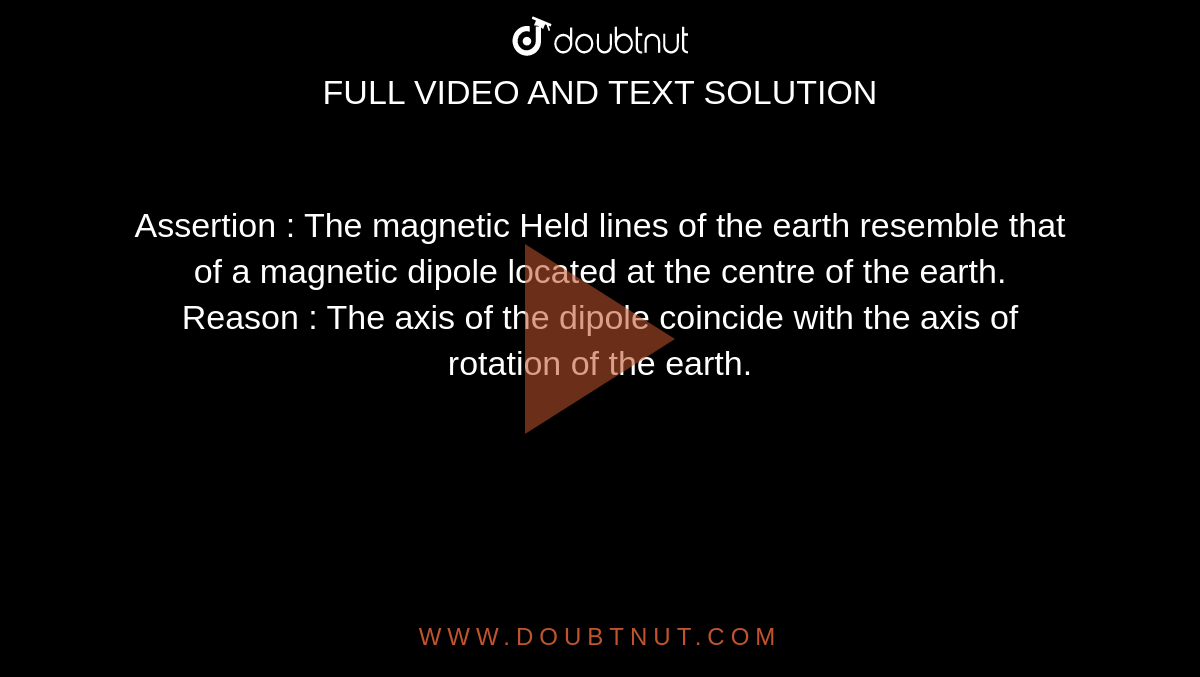 Assertion : The magnetic Held lines of the earth resemble that of a magnetic dipole located at the centre of the earth. <br> Reason : The axis of the dipole coincide with the axis of rotation of the earth.