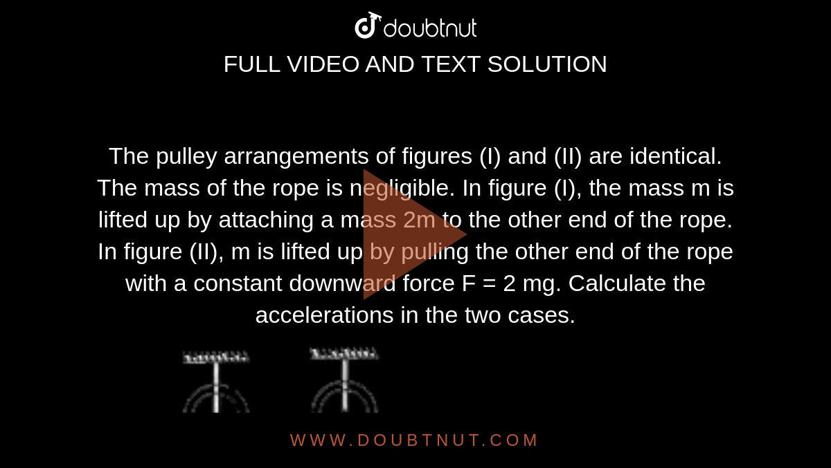 The pulley arrangements of figures (I) and (II) are identical. The mass of the rope is negligible. In figure (I), the mass m is lifted up by attaching a mass 2m to the other end of the rope. In figure (II), m is lifted up by pulling the other end of the rope with a constant downward force F = 2 mg. Calculate the accelerations in the two cases.  <br>  <img src="https://doubtnut-static.s.llnwi.net/static/physics_images/AKS_NEO_CAO_PHY_XI_V01_MP1_C05_SLV_057_Q01.png" width="80%"> 