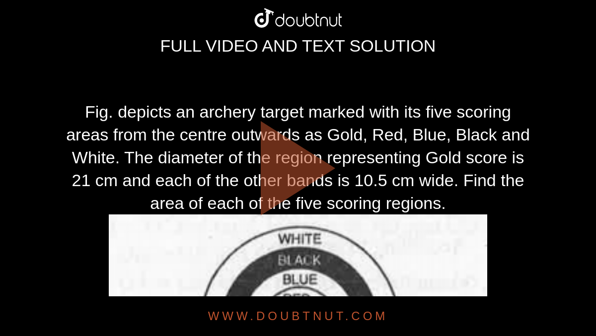 Fig. depicts an archery target marked with its five scoring areas from the centre outwards as Gold, Red, Blue, Black and White. The diameter of the region representing Gold score is 21 cm and each of the other bands is 10.5 cm wide. Find the area of each of the five scoring regions. <br><img src="https://doubtnut-static.s.llnwi.net/static/physics_images/MBD_MAT_X_C12_S01_001_Q01.png" width="80%">