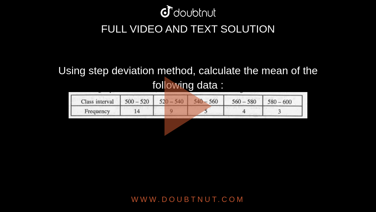 Using step deviation method, calculate the mean of the following data : <br><img src="https://doubtnut-static.s.llnwi.net/static/physics_images/MBD_MAT_X_C14_E01_014_Q01.png" width="80%">