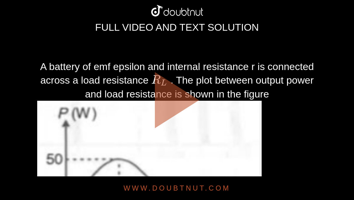 A battery of emf epsilon and internal resistance r is connected across a load resistance `R_L` . The plot between output power and load resistance is shown in the figure  <img src="https://doubtnut-static.s.llnwi.net/static/physics_images/AAK_TST_05_NEET_YEAR(19)_PHY_E05_112_Q01.png" width="80%">The value of emf epsilon and internal resistance r respectively will be 