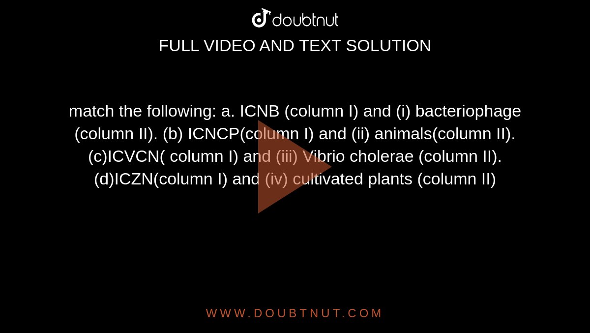 match the following: a. ICNB (column I) and (i) bacteriophage (column II). (b) ICNCP(column I) and (ii) animals(column II). (c)ICVCN( column I) and (iii) Vibrio cholerae (column II). (d)ICZN(column I) and (iv) cultivated plants (column II) 