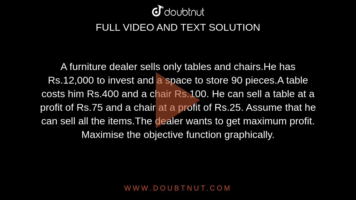 A Furniture Dealer Sells Only Tables And Chairs He Has Rs 12 000 To Invest And A Space To Store 90 Pieces A Tables Costs Him Rs 400 And A Chair Rs 100