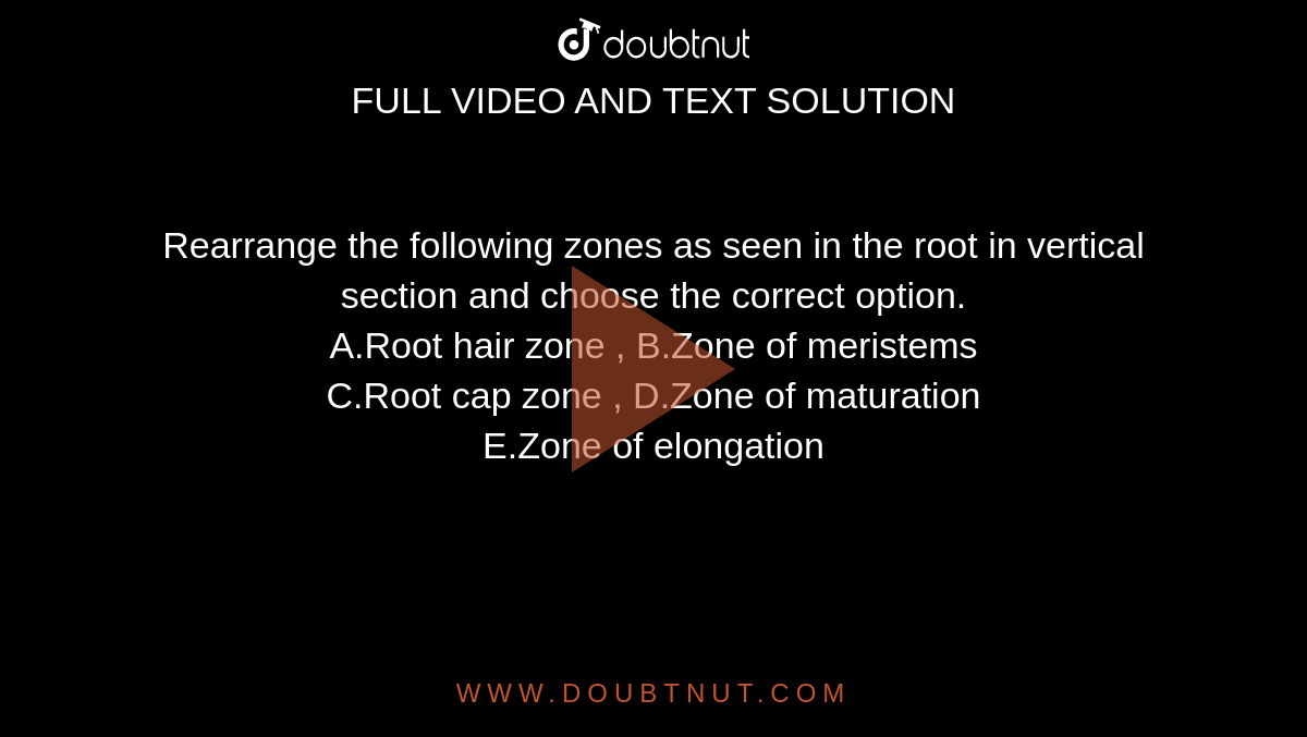Rearrange the following zones as seen in the root in vertical section and choose the correct option. <br> A.Root hair zone , B.Zone of meristems <br> C.Root cap zone , D.Zone of maturation <br> E.Zone of elongation