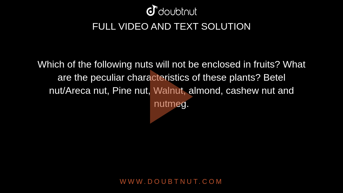 Which of the following nuts will not be enclosed in fruits? What are the peculiar characteristics of these plants? Betel nut/Areca nut, Pine nut, Walnut, almond, cashew nut and nutmeg. 