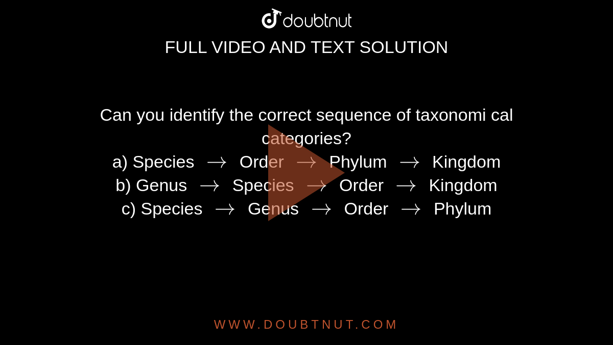 Can you identify the correct sequence of taxonomi  cal categories? <br>a) Species `rarr` Order `rarr` Phylum `rarr` Kingdom <br>b) Genus `rarr` Species `rarr` Order `rarr` Kingdom <br>c) Species `rarr` Genus `rarr` Order `rarr` Phylum

