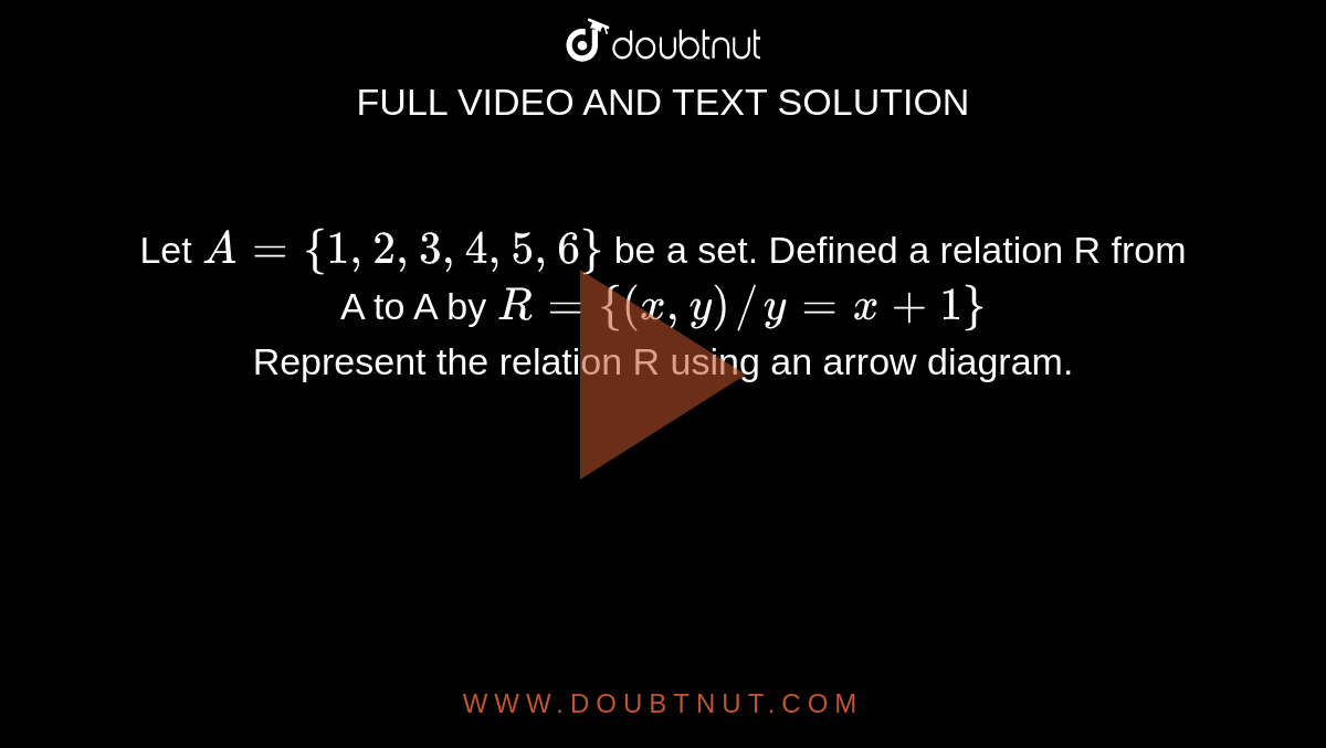 Let `A={1,2,3,4,5,6}` be a set. Defined a relation R from A to A by `R={(x,y)//y=x+1}` <br> Represent the relation R using an arrow diagram.