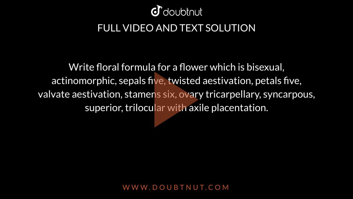 Write floral formula for a flower which is bisexual, actinomorphic, sepals five, twisted aestivation, petals five, valvate aestivation, stamens six, ovary tricarpellary, syncarpous, superior, trilocular with axile placentation.