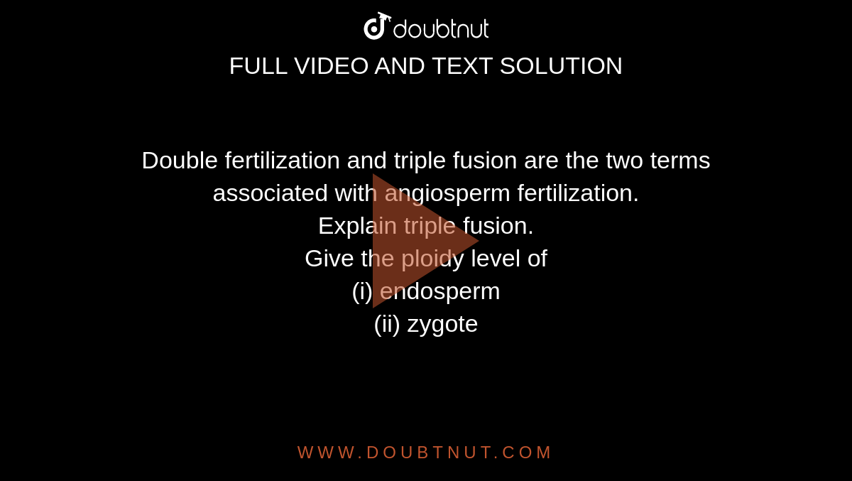 Double fertilization and triple fusion are the two terms associated with angiosperm fertilization. <br>  Explain triple fusion. <br> Give the ploidy level of <br> (i) endosperm <br> (ii) zygote