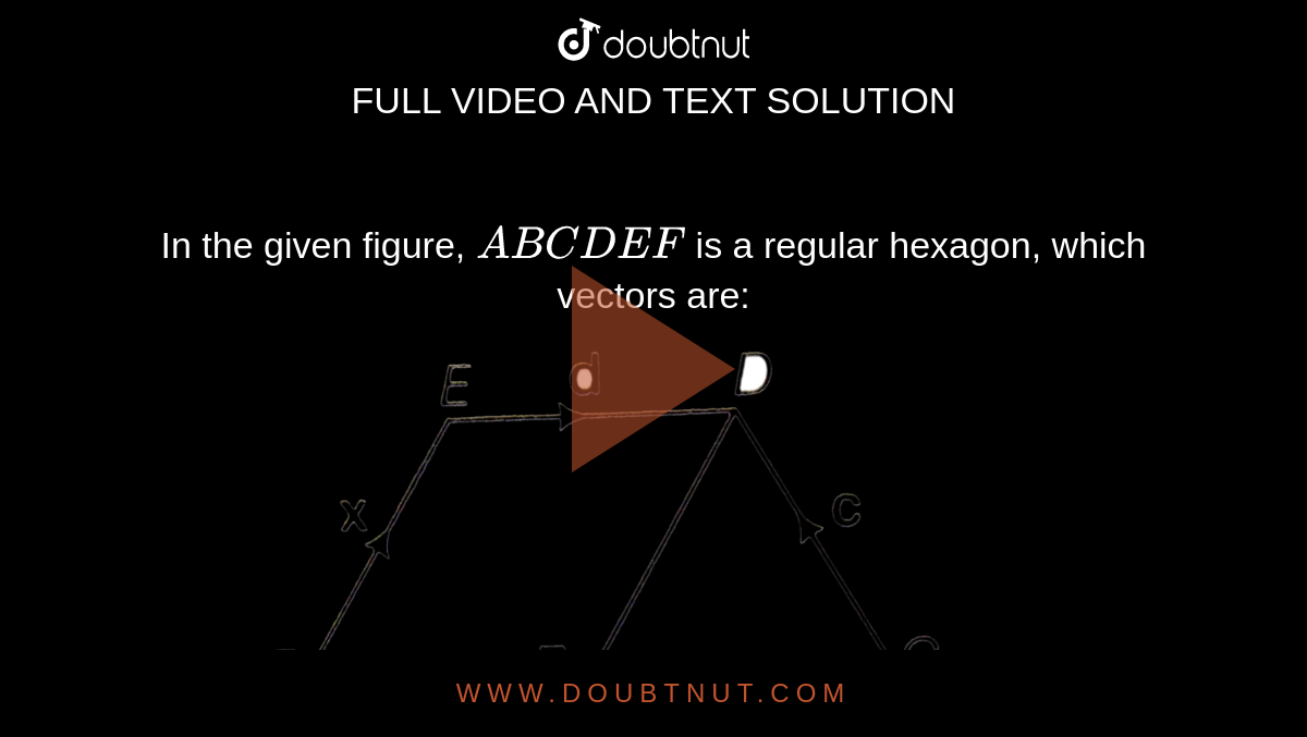 In the given figure, `ABCDEF` is a regular hexagon, which vectors are: <br> <img src="https://d10lpgp6xz60nq.cloudfront.net/physics_images/ARH_AAG_V_3DG_C01_E01_003_Q01.png" width="80%"> <br> (i) Collinear <br> (ii) Equal <br> (iii) Coinitial <br> (iv) Collinear but not equal.