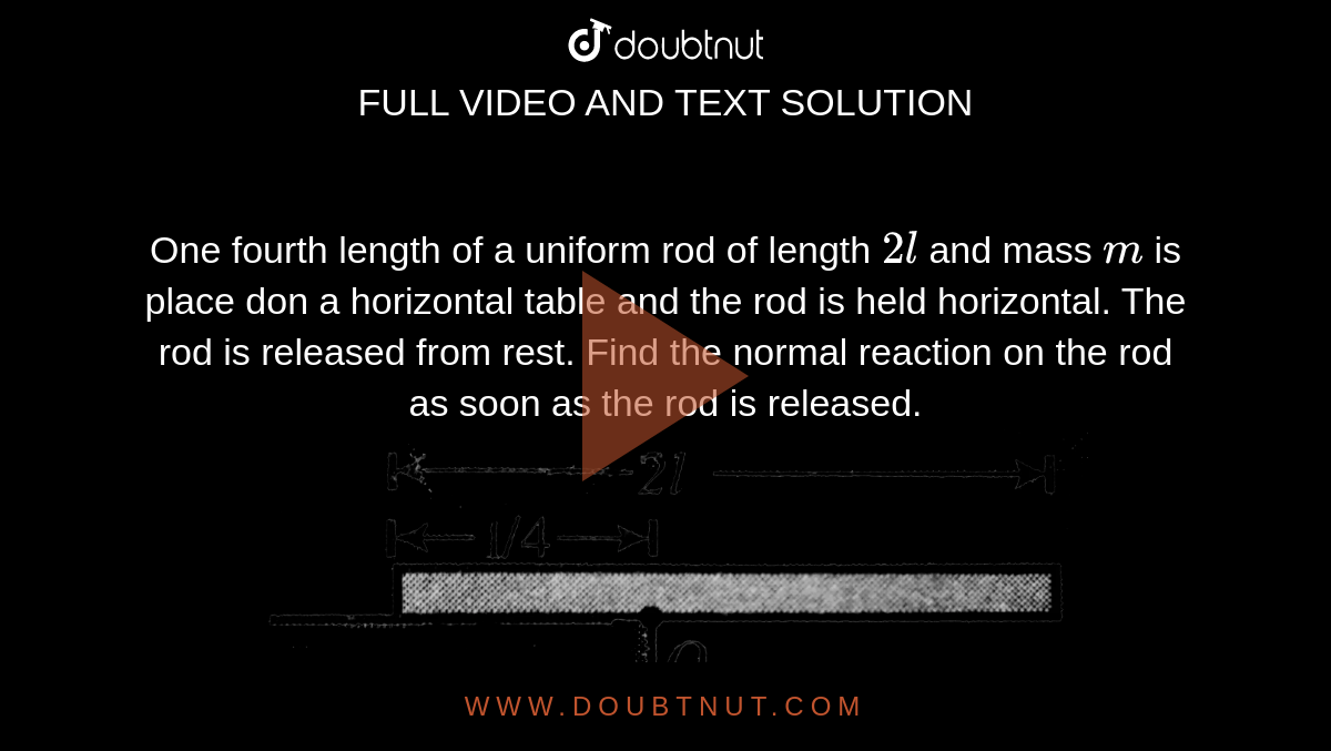 One fourth length of a uniform rod of length `2l` and mass `m` is place don a horizontal table and the rod is held horizontal. The rod is released from rest. Find the normal reaction on the rod as soon as the rod is released. <br> <img src="https://d10lpgp6xz60nq.cloudfront.net/physics_images/BMS_VOL2_C02_S01_045_Q01.png" width="80%">