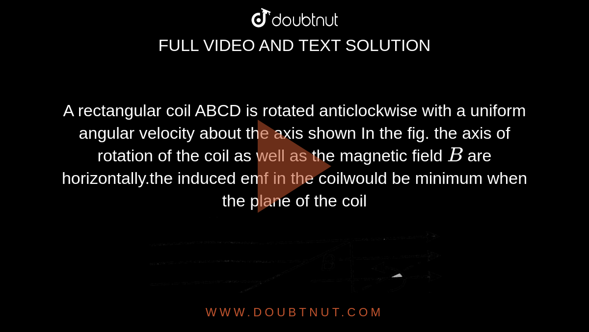 A rectangular coil ABCD is rotated anticlockwise with a uniform angular velocity about the axis shown In the fig. the axis of rotation of the coil as well as the magnetic field `B` are horizontally.the induced emf in the coilwould be minimum when the plane of the coil <br> <img src="https://d10lpgp6xz60nq.cloudfront.net/physics_images/BMS_OBJ_XII_C06_E01_013_Q01.png" width="80%">