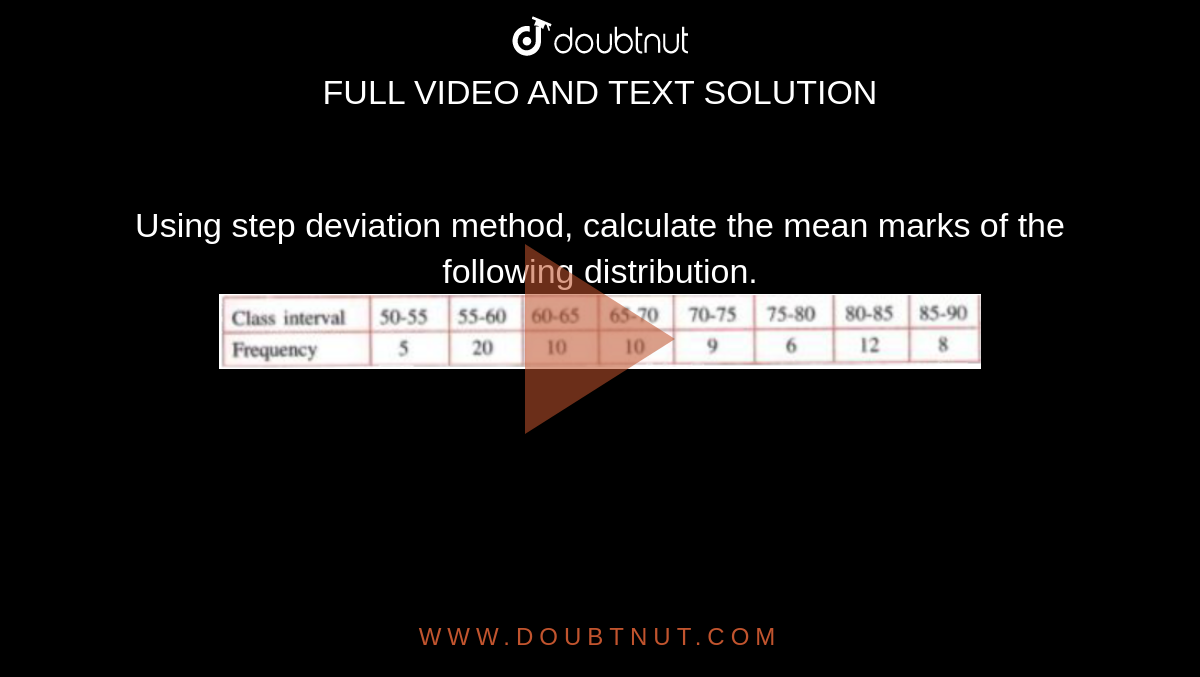 Using step deviation method, calculate the mean marks of the following distribution. <br> <img src="https://doubtnut-static.s.llnwi.net/static/physics_images/SEL_RKB_ICSE_MAT_X_C24_E03_006_Q01.png" width="80%">