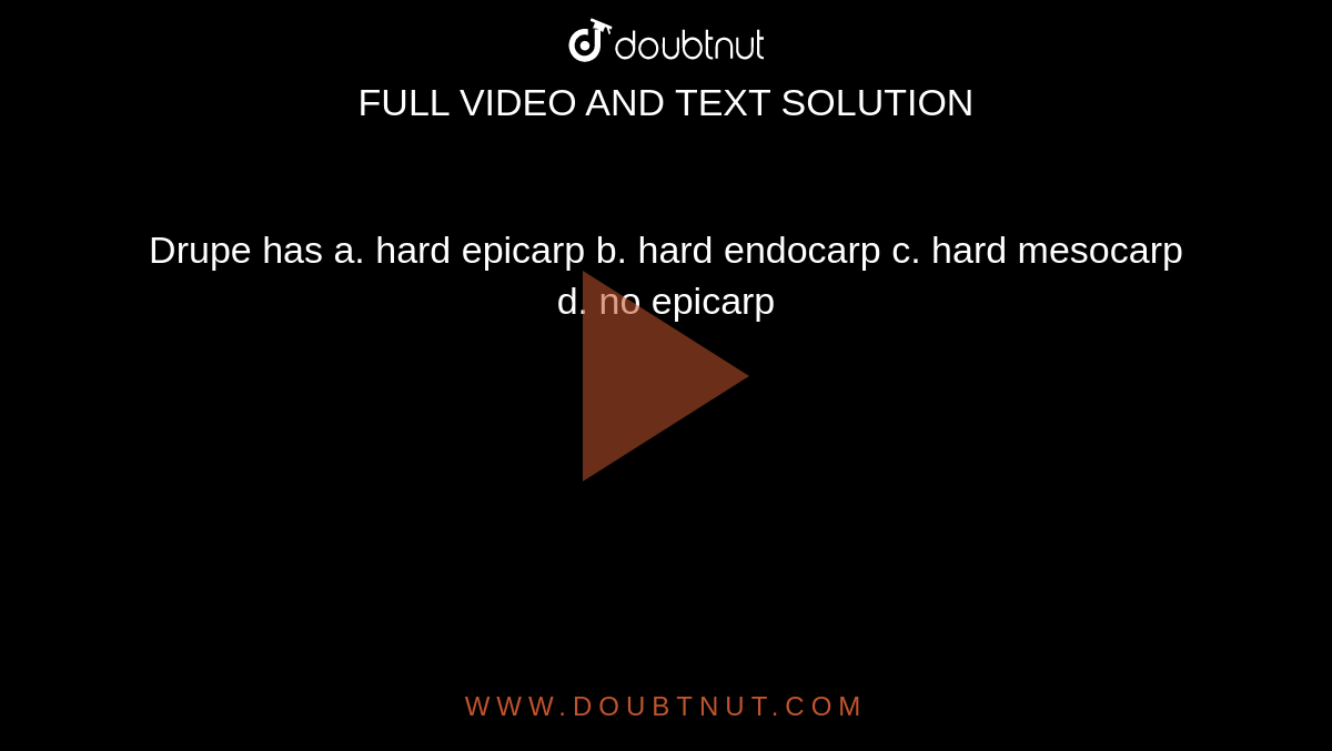 Drupe has
a. hard epicarp

b. hard endocarp

c. hard mesocarp

d. no epicarp