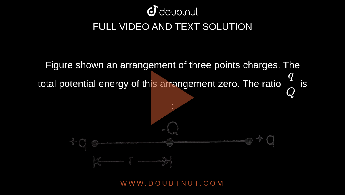Figure shown an arrangement of three points charges. The total potential energy of this arrangement zero. The ratio `(q)/(Q)` is : <br><img src="https://d10lpgp6xz60nq.cloudfront.net/physics_images/RES_DPP_PHY_XII_E01_550_Q01.png" width="80%">