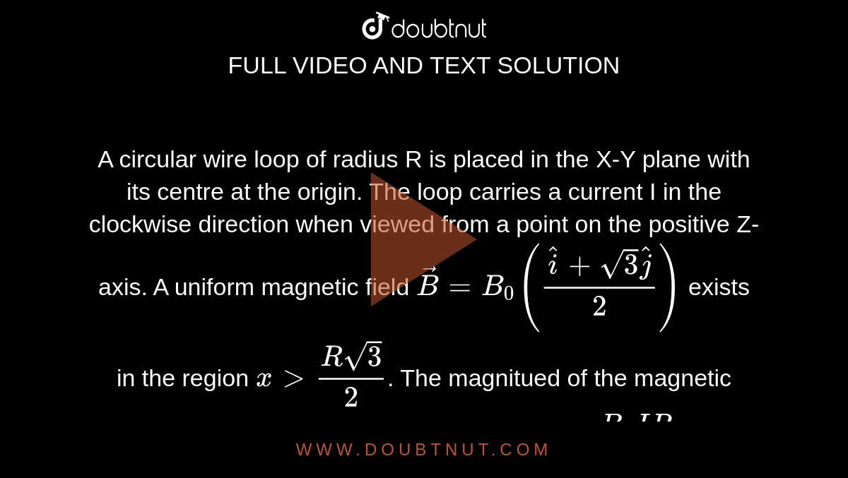 A Circular Wire Loop Of Radius R Is Placed In The X Y Plane With Its Centre At The Origin The