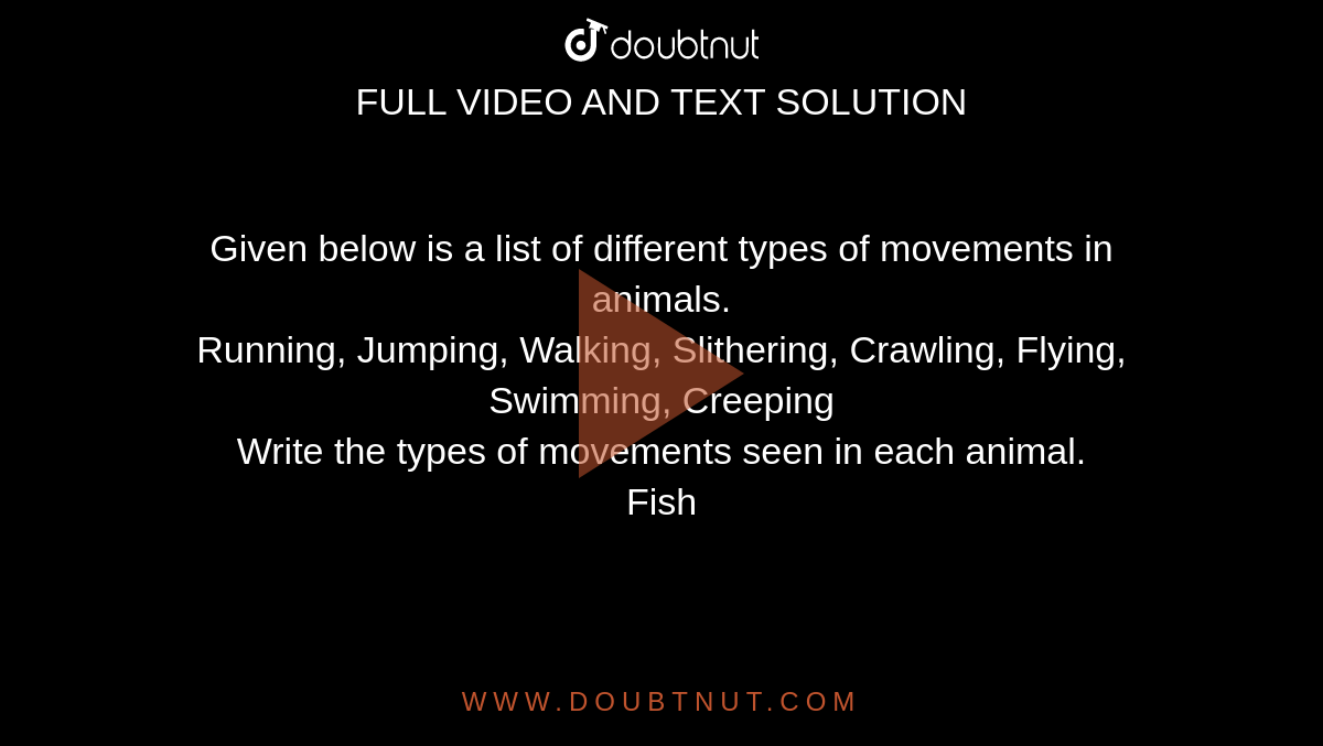 Given below is a list of different types of movements in animals. Running,  Jumping, Walking, Slithering, Crawling, Flying, Swimming, Creeping Write  the types of movements seen in each animal. Fish