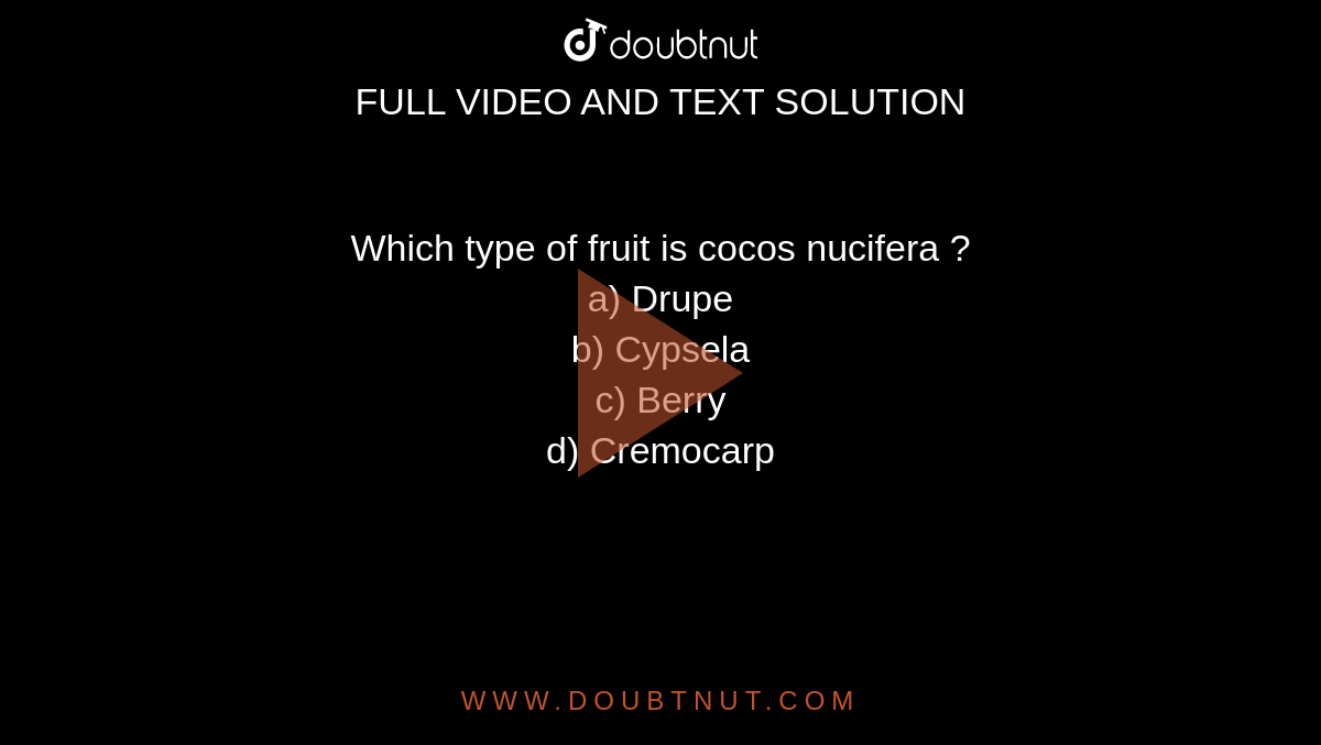 Which type of fruit is cocos nucifera ? <br>
a) Drupe <br>
b) Cypsela <br>
c) Berry <br>
d) Cremocarp