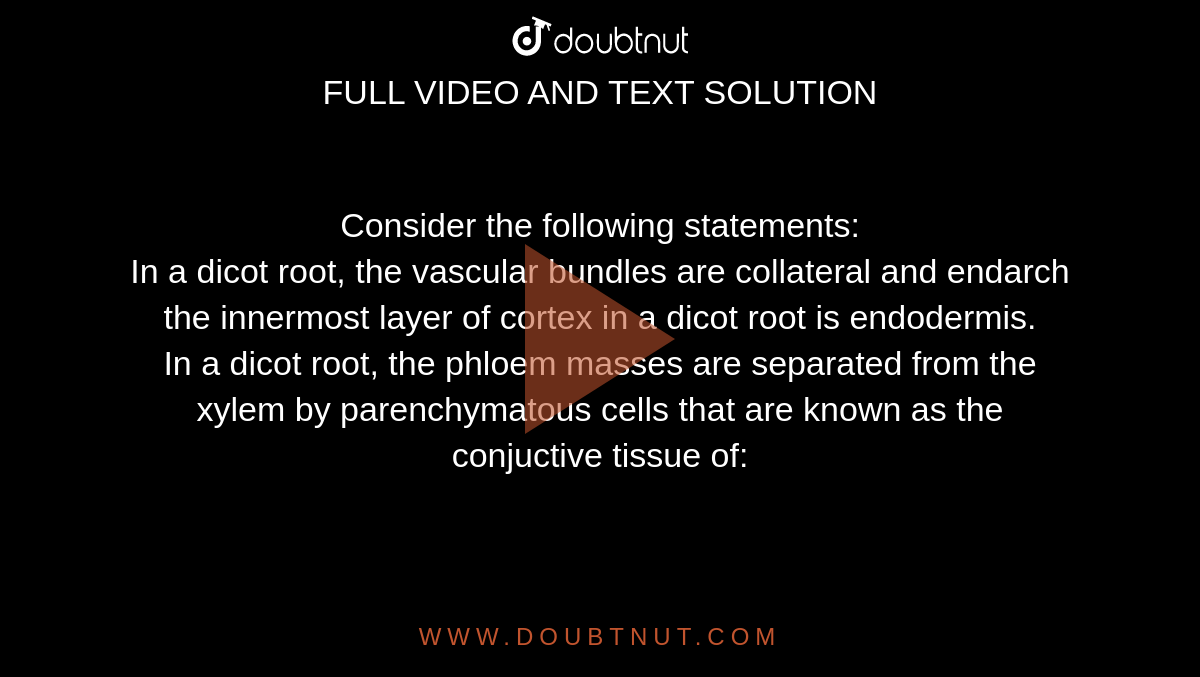 Consider the following statements:<br>In a dicot root, the vascular bundles are collateral and endarch<br>the innermost layer of cortex in a dicot root is endodermis.<br>In a dicot root, the phloem masses are separated from the xylem by parenchymatous cells that are known as the conjuctive tissue of: