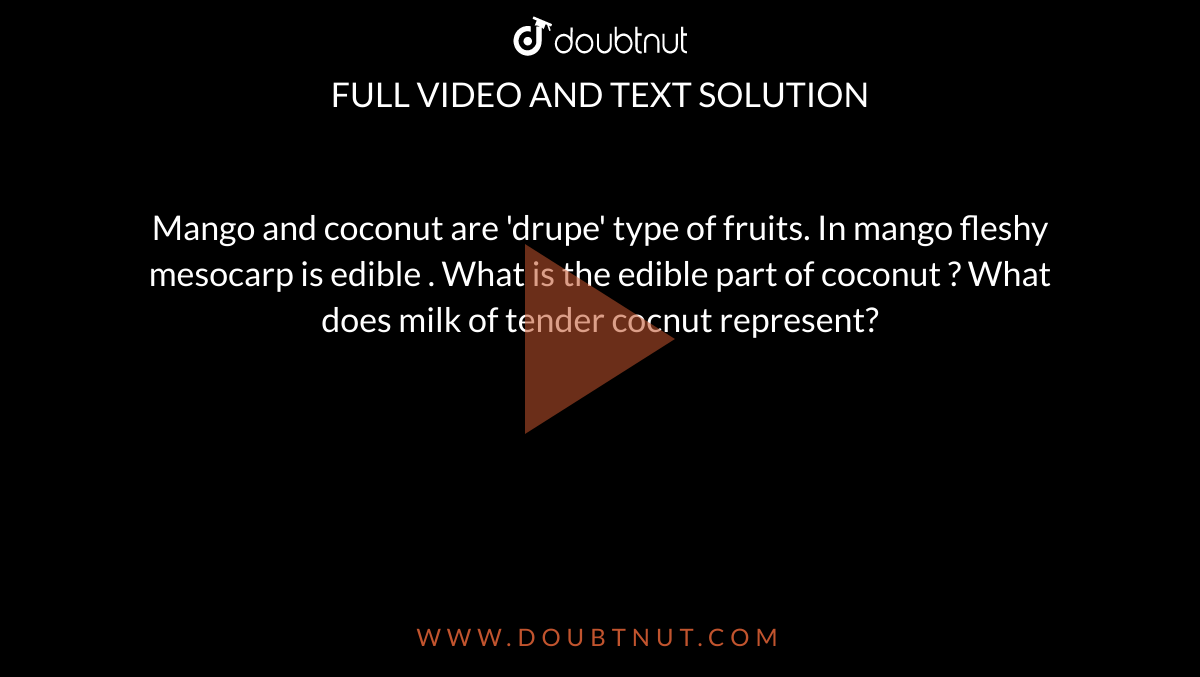 Mango and coconut are 'drupe' type of fruits. In mango fleshy mesocarp is edible . What is the edible part of coconut ? What does milk of tender cocnut represent?