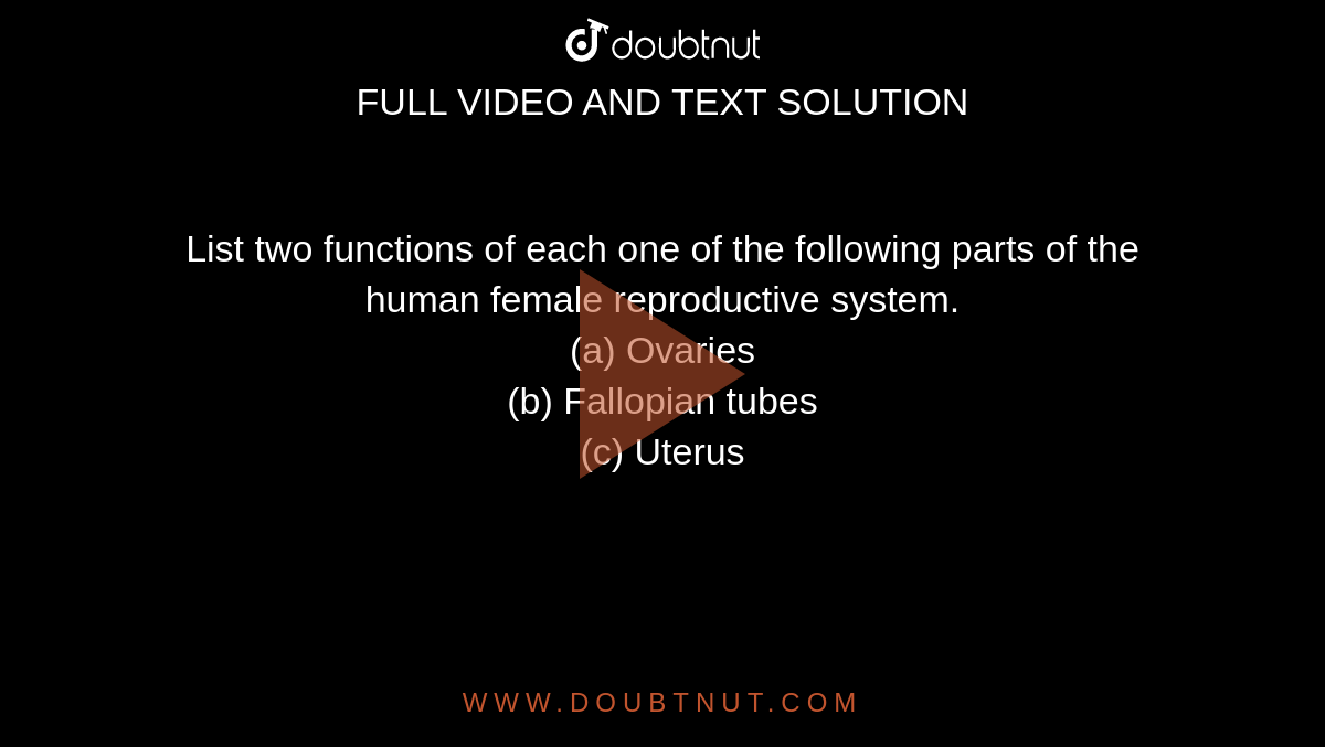 List two functions of each one of the following parts of the human female reproductive  system. (a) Ovaries (b) Fallopian tubes (c) Uterus