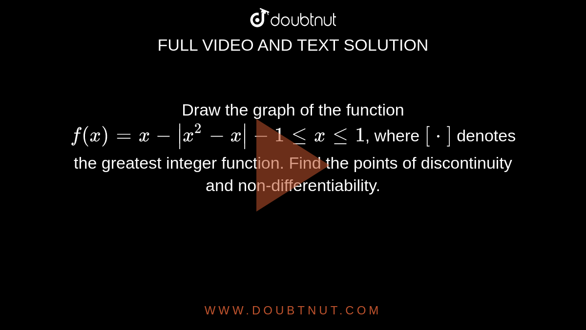 Draw the graph of the function `f(x) = x-|x^2-x| -1 le x le 1`, where `[*]` denotes the greatest integer function. Find the points of discontinuity and non-differentiability. 