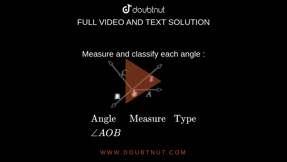 Measure and classify each angle : <br> <img src="https://doubtnut-static.s.llnwi.net/static/physics_images/MTG_FOU_COU_MAT_VI_C05_E01_060_Q01.png" width="80%"> <br> `{:("Angle","Measure","Type"),(angle AOB,,),(angle AOC,,),(angle BOC,,),(angle DOC,,),(angle DOA,,),(angle DOB,,):}`