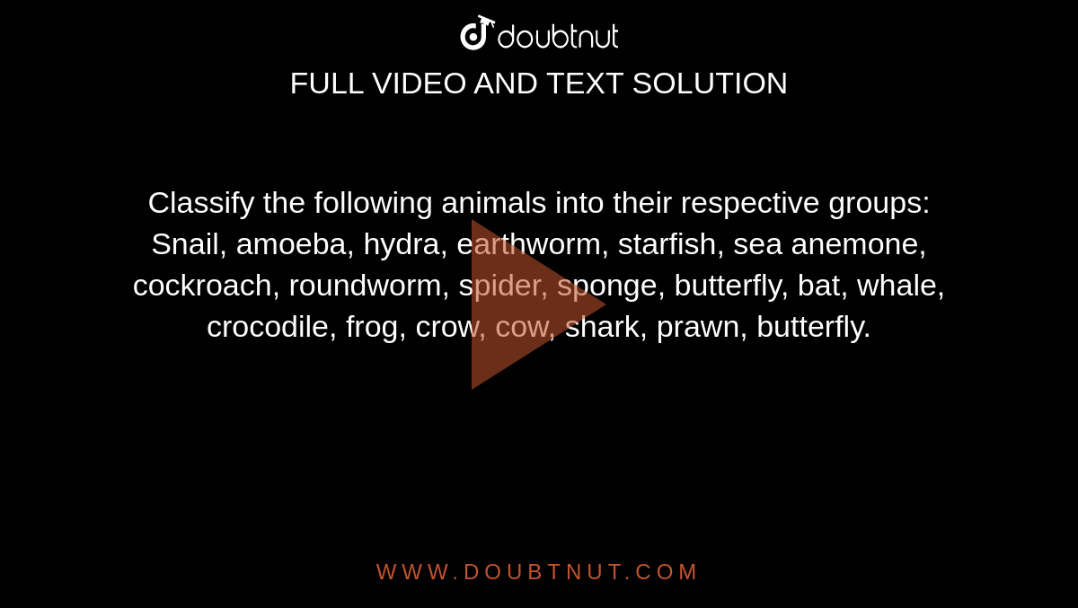 Classify the following animals into their respective groups: Snail, amoeba, hydra, earthworm, starfish, sea anemone, cockroach, roundworm, spider, sponge, butterfly, bat, whale, crocodile, frog, crow, cow, shark, prawn, butterfly. Classify the following animals into their respective groups: Snail, amoeba, hydra, earthworm, starfish, sea anemone, cockroach, roundworm, spider, sponge, butterfly, bat, whale, crocodile, frog, crow, cow, shark, prawn, butterfly.