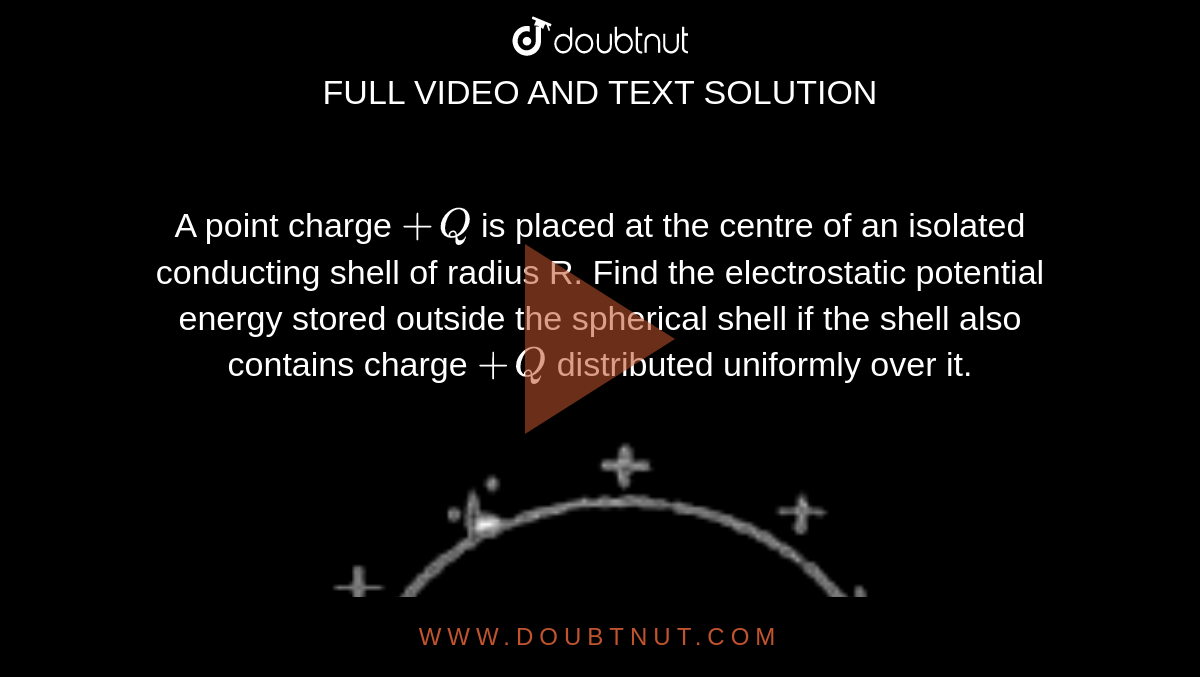 A point charge `+Q` is placed at the centre of an isolated conducting shell of radius R. Find the electrostatic potential energy stored outside the spherical shell if the shell also contains charge `+Q` distributed uniformly over it. <br> <img src="https://d10lpgp6xz60nq.cloudfront.net/physics_images/FIITJEE_PHY_MB_05_C03_E02_003_Q01.png" width="80%"> 