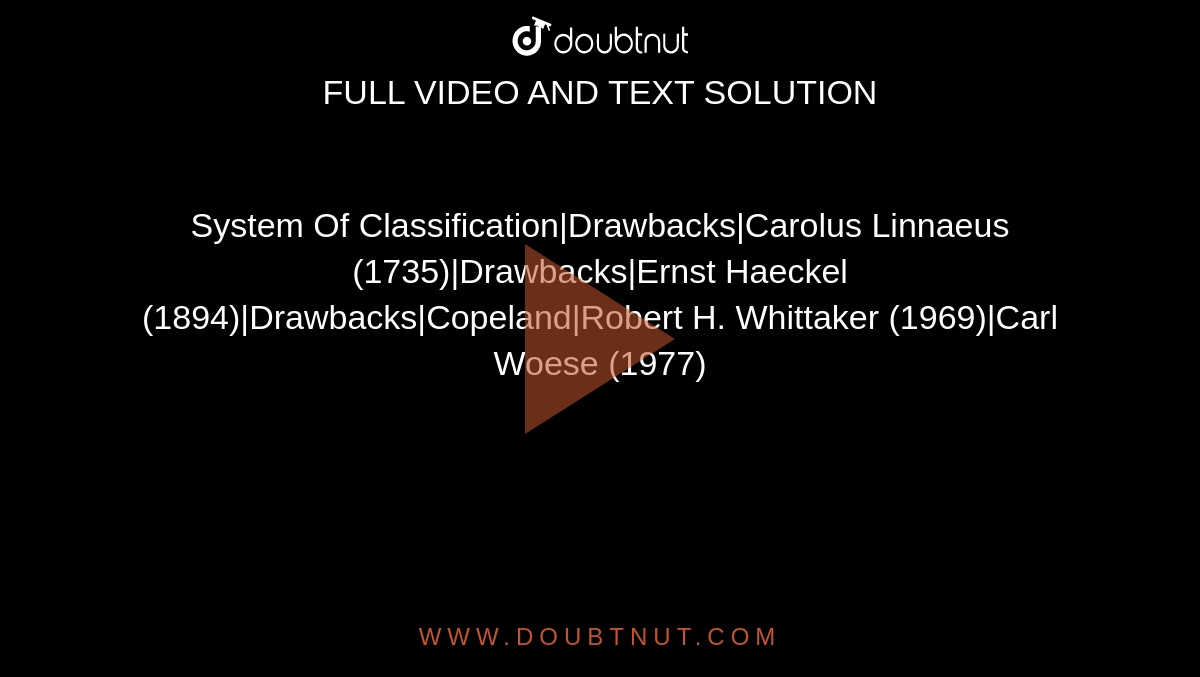 System Of Classification|Drawbacks|Carolus Linnaeus (1735)|Drawbacks|Ernst Haeckel (1894)|Drawbacks|Copeland|Robert H. Whittaker (1969)|Carl Woese (1977)