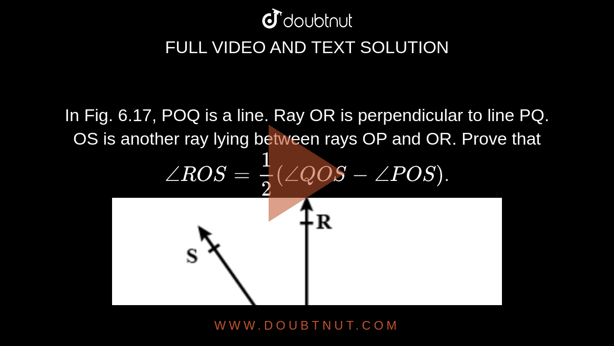 In Fig. 6.17, POQ is a line. Ray OR is perpendicular to line PQ. OS is another ray lying between rays OP and OR. Prove that `angle ROS=1/2 (angle QOS-angle POS)`.<br><img src="https://doubtnut-static.s.llnwi.net/static/physics_images/PSEB_ENG_MAT_IX_C06_E01_005_Q01.png" width="80%">