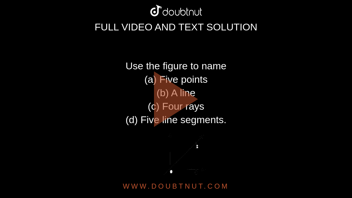Use the figure to name <br> (a) Five points <br> (b) A line <br> (c) Four rays <br> (d) Five line segments. <br> <img src="https://doubtnut-static.s.llnwi.net/static/physics_images/ND_SM_MAT_VI_C04_E05_001_Q01.png" width="80%"> 