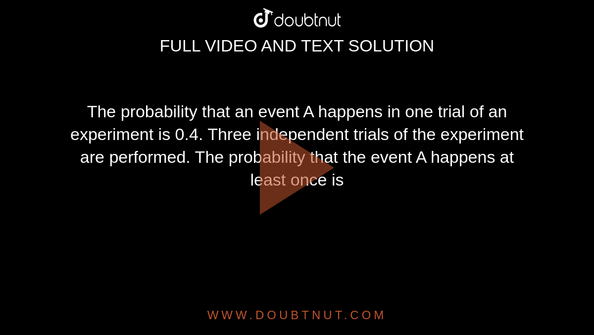 The probability that an event A happens in one trial of an experiment is 0.4. Three independent trials of the experiment are performed. The probability that the event A happens at least once is 