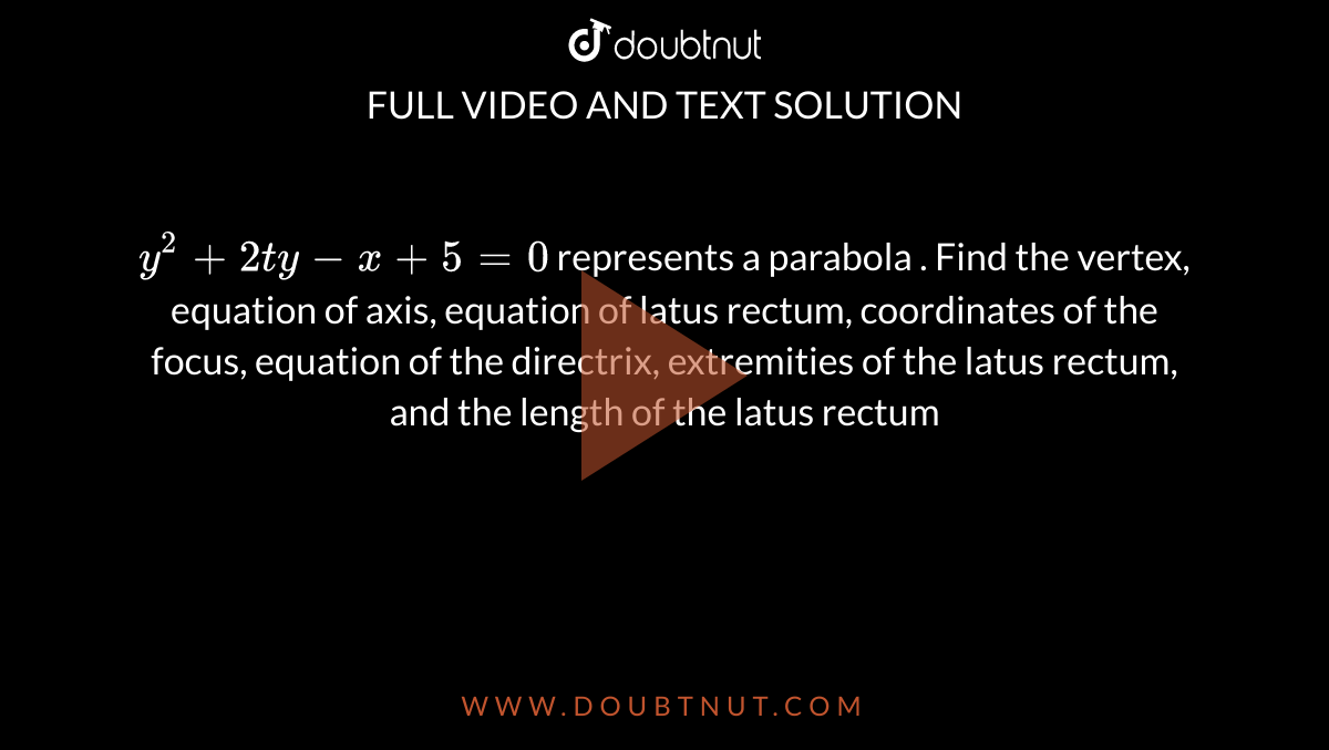 `y^(2) + 2ty - x + 5 = 0 ` represents a parabola . Find the vertex, equation of axis, equation of latus rectum, coordinates of the focus, equation of the directrix, extremities of the latus rectum, and the length of the latus rectum