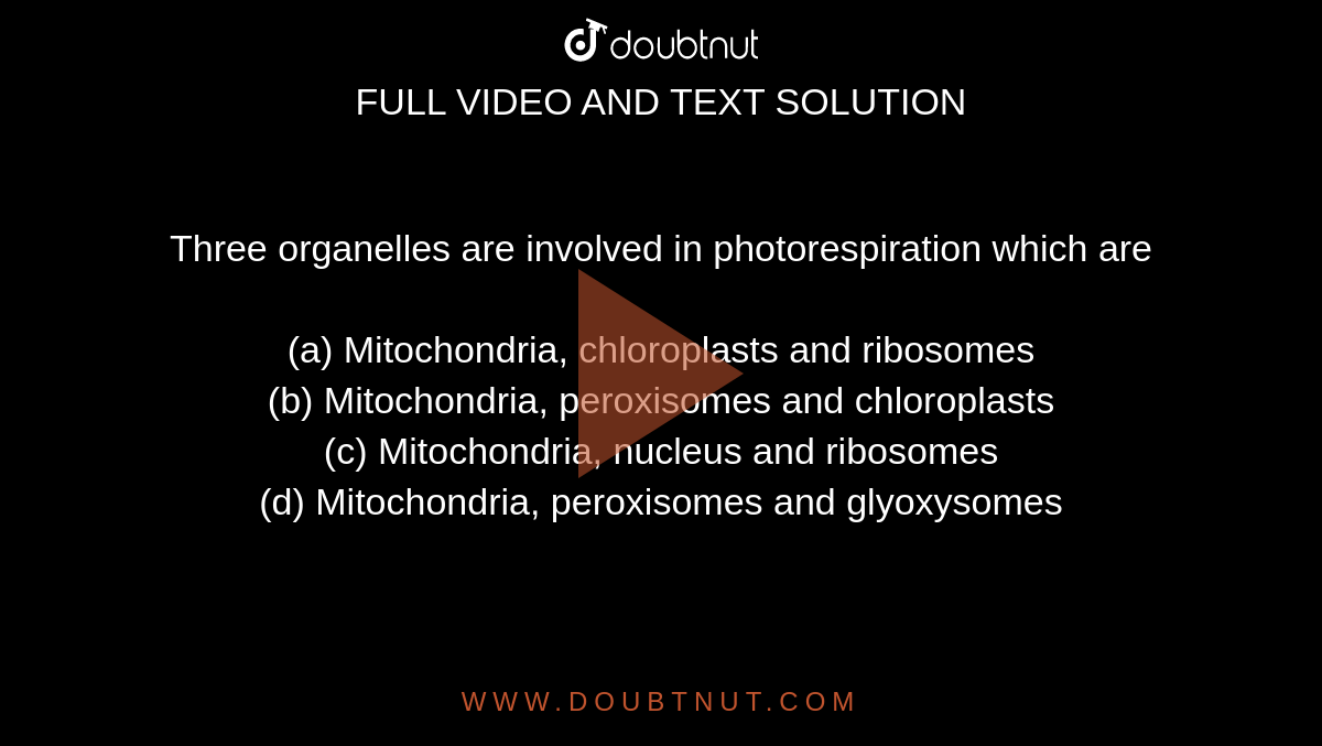 Three  organelles are involved in photorespiration which are <br><br>(a) Mitochondria, chloroplasts and ribosomes<br>

(b) Mitochondria, peroxisomes and chloroplasts<br>

(c) Mitochondria, nucleus and ribosomes<br>

(d) Mitochondria, peroxisomes and glyoxysomes