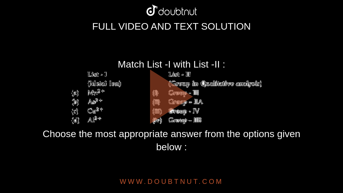 Match List -I With List -II : Choose The Most Appropriate Answer From ...