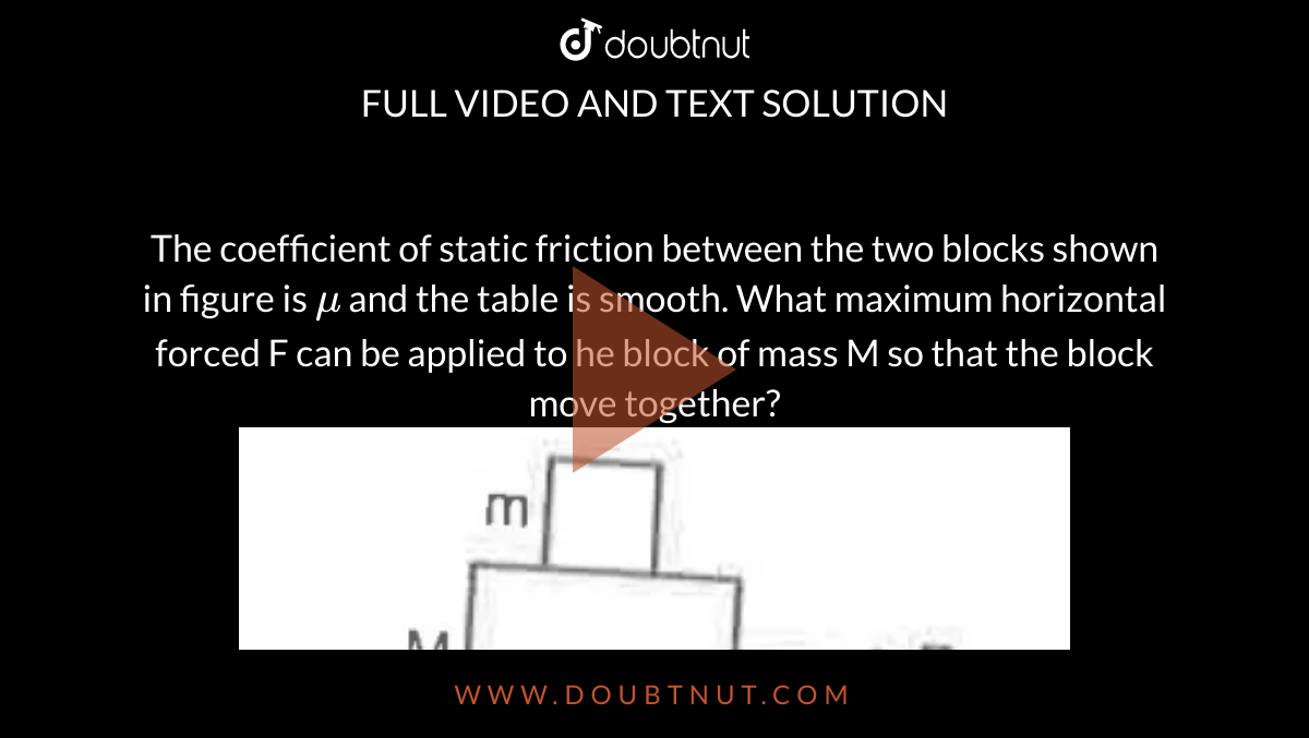 The coefficient of static friction between the two blocks shown in figure is `mu` and the table is smooth. What maximum horizontal forced F can be applied to he block of mass M so that the block move together? <br> <img src="https://d10lpgp6xz60nq.cloudfront.net/physics_images/HCV_VOL1_C06_S01_008_QS01.png" width="80%"> 